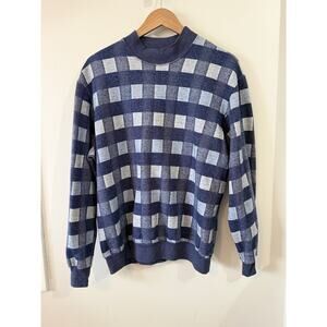 Vintage Disco Sweater Medium Checkered Blue Lightweight Baggy Unisex